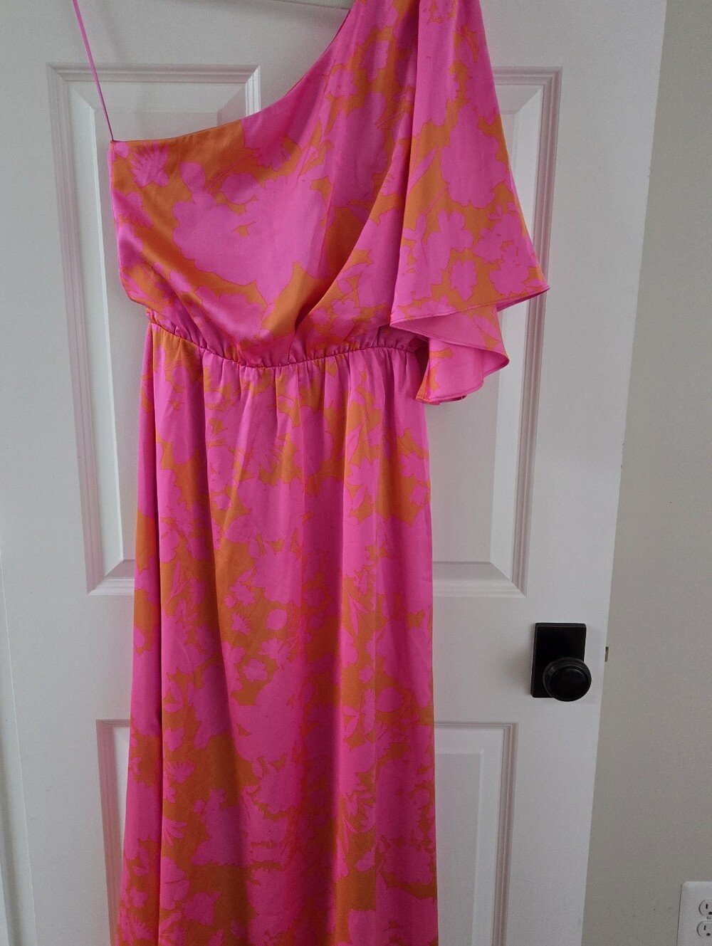 Sugarlips Small Hot Pink & Orange Floral One Shoulder Satin Maxi Dress S